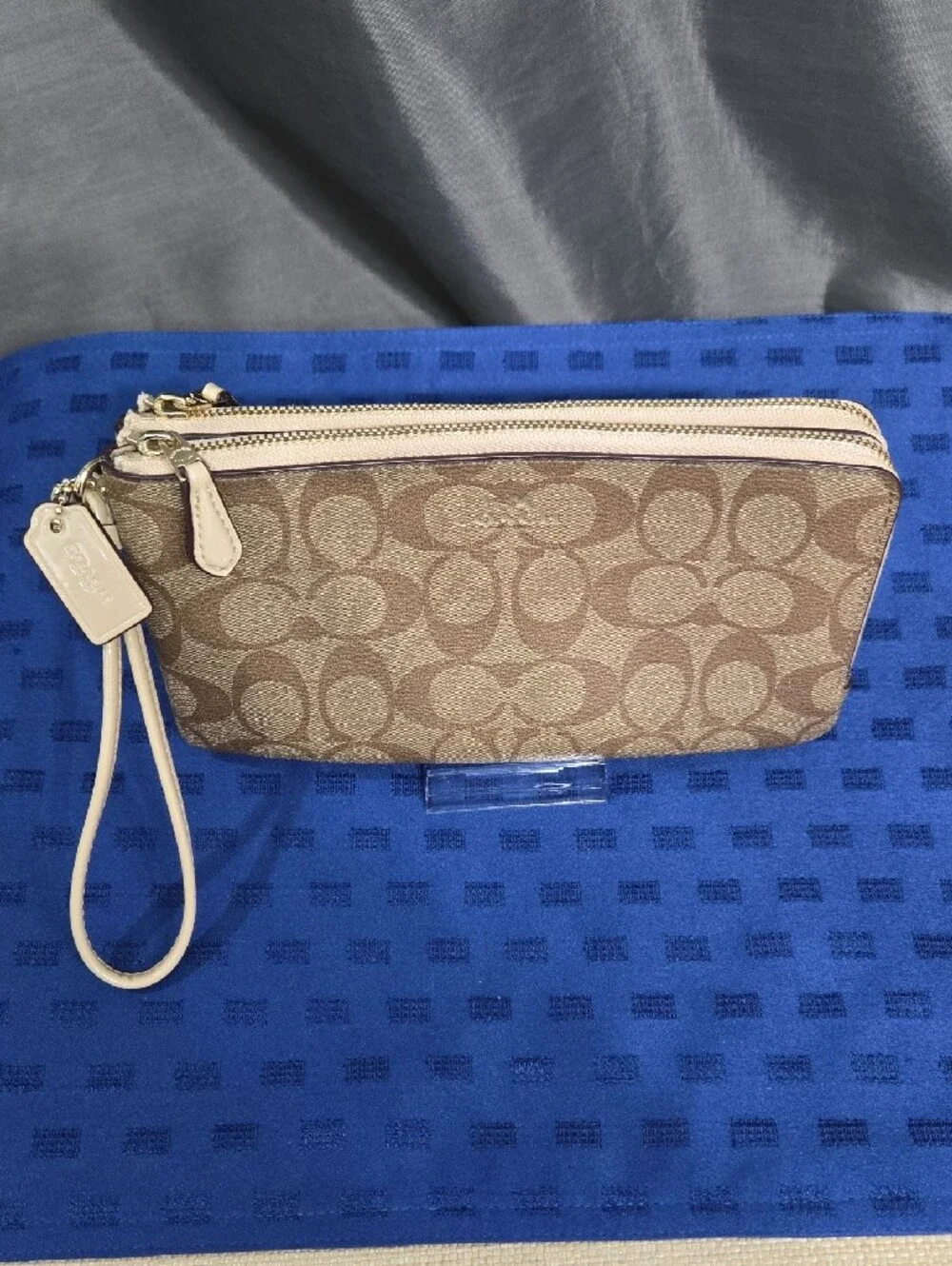 Coach Double Zip Signature Canvas Wristlet in Beige and Brown